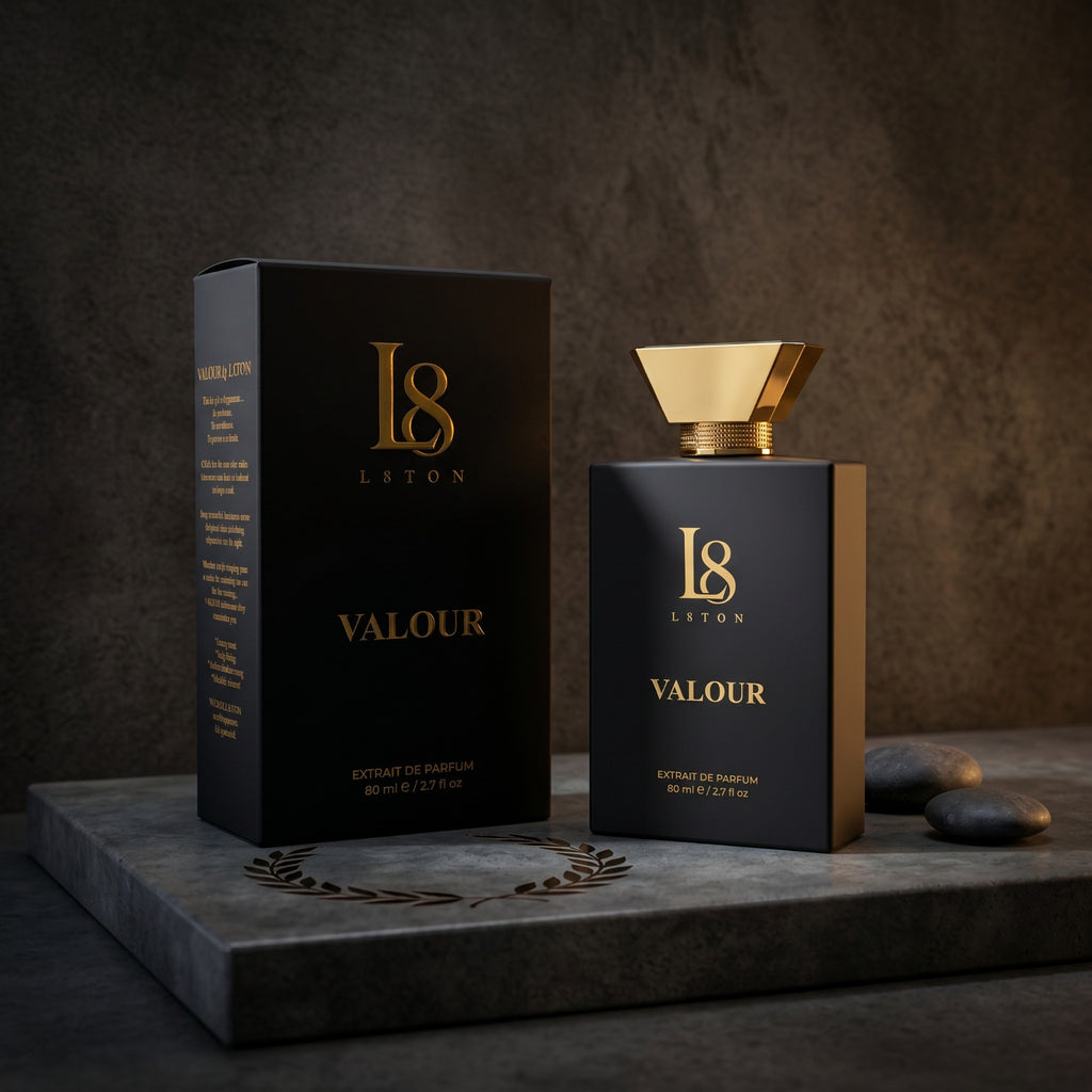 VALOUR By L8TON. Pure Class, Power, Confidence and Success. Fragrance 530 AED  80ml Luxury Extrait de Parfum concentration. Premium French fragrance oils.