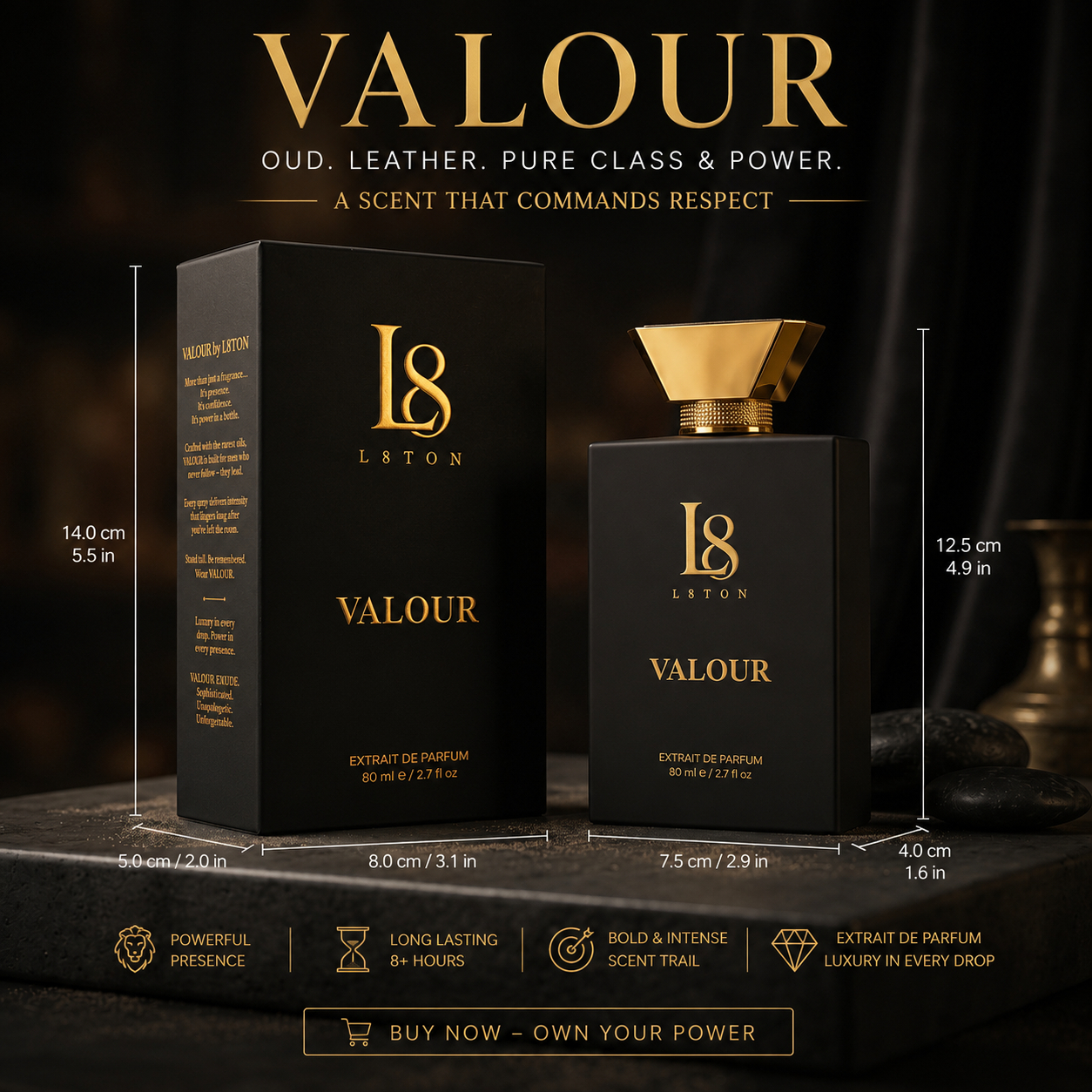 VALOUR By L8TON. Pure Class, Power, Confidence and Success. Fragrance 530 AED  80ml Luxury Extrait de Parfum concentration. Premium French fragrance oils.