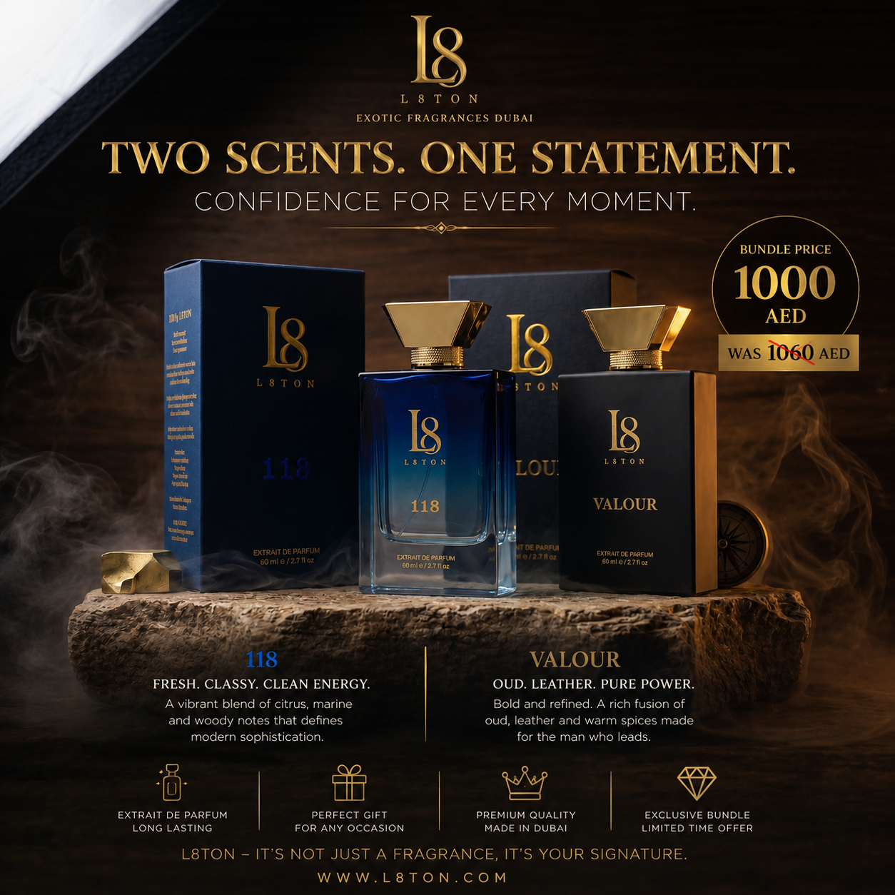 118 and VALOUR Premium Fragrances in BUNDLE OFFER. Extrait de Parfum concentration. Premium French fragrance oils.